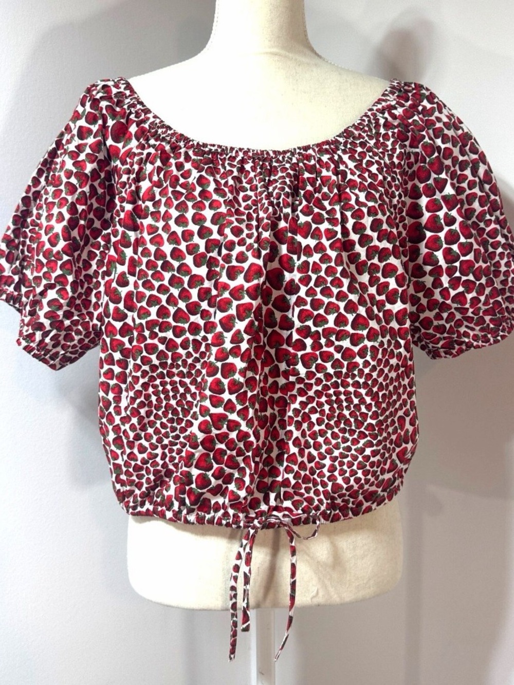 J. Crew Red and White Strawberry-Print Off-Shoulder Crop Top